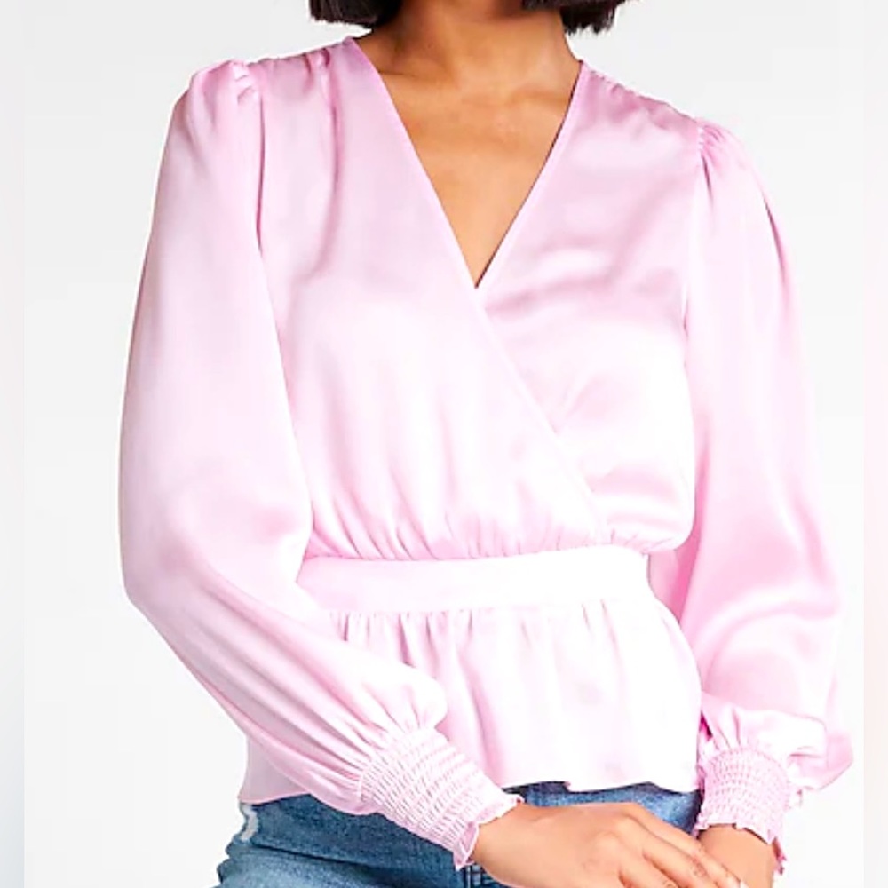 Satin Long Sleeve Faux Wrap Peplum Top